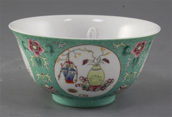 A Chinese green ground lantern bowl, Daoguang iron-red mark and probably of the period, diameter 15.6cm